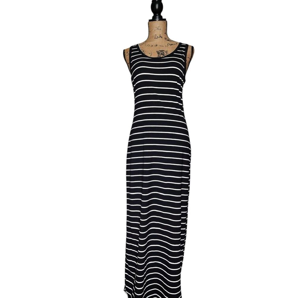 ZANZEA BLACK WHITE STRIPE KNIT STRETCH TANK MAXI DRESS SIZE 8 NWT
